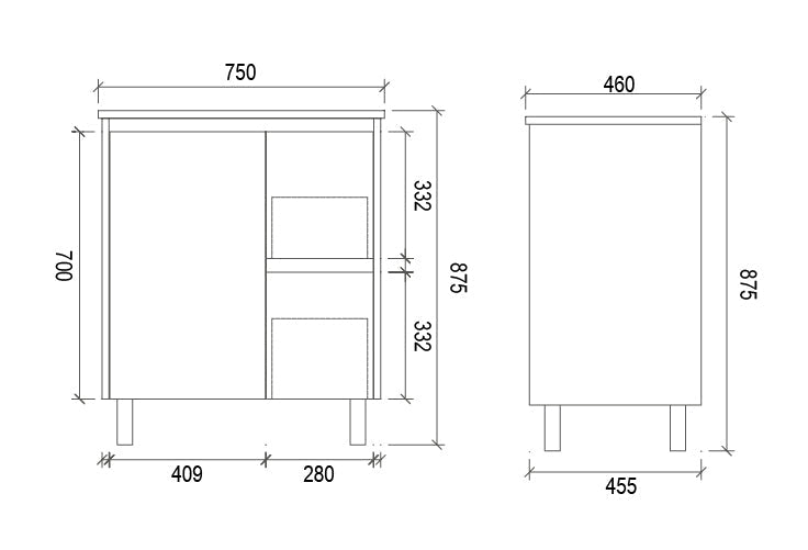 PS750R - 750x460x875mm PVC Waterproof Vanity with Ceramic Basin – alternate view