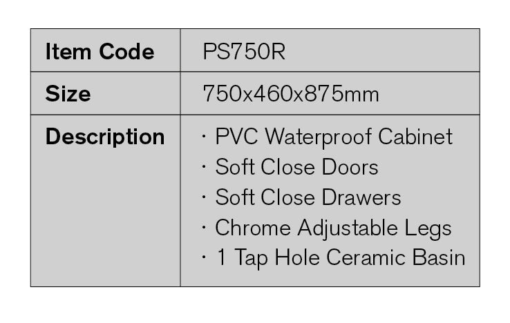 PS750R - 750x460x875mm PVC Waterproof Vanity with Ceramic Basin – detail view