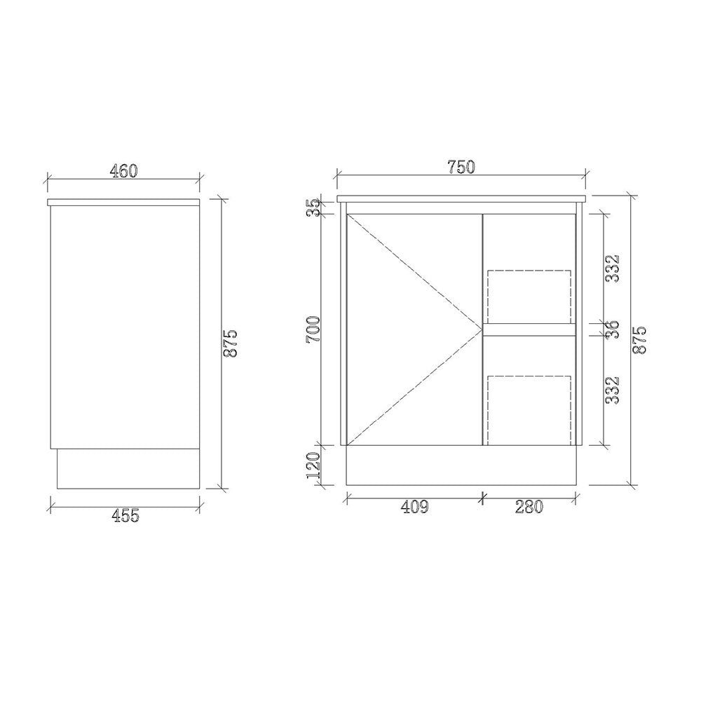 PS750R-KB - 750x460x880mm Kickboard PVC Waterproof Vanity with Ceramic Basin – alternate view