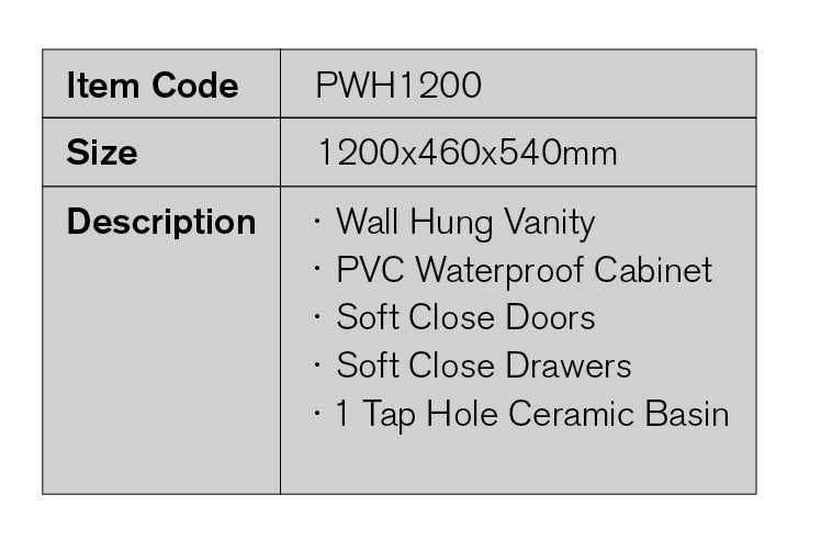 PWH1200 - 1200x460x540mm Wall Hung PVC Waterproof Vanity with Ceramic Basin – detail view