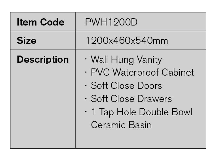 PWH1200D - 1200x460x540mm Wall Hung PVC Waterproof Vanity with Double Bowl Ceramic Basin – detail view