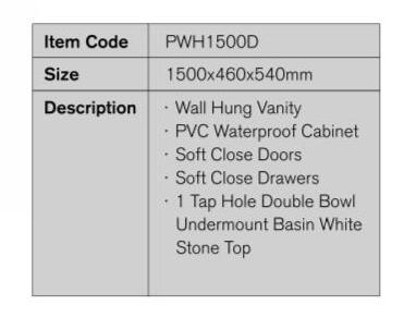PWH1500D - 1500x460x540mm Wall Hung PVC Waterproof Vanity with Double Bowl Undermount Basin – detail view