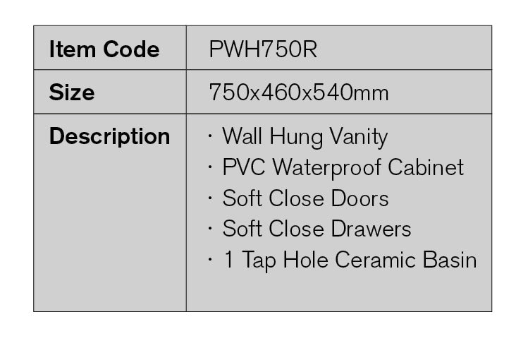 PWH750R - 750x460x540mm Wall Hung PVC Waterproof Vanity with Ceramic Basin – detail view