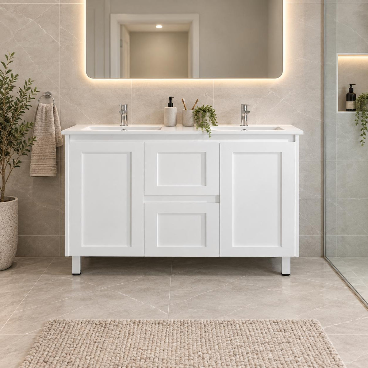 Shayla 1200mm Shaker Door Vanity on Legs Double Bowl - 1200x460x875mm