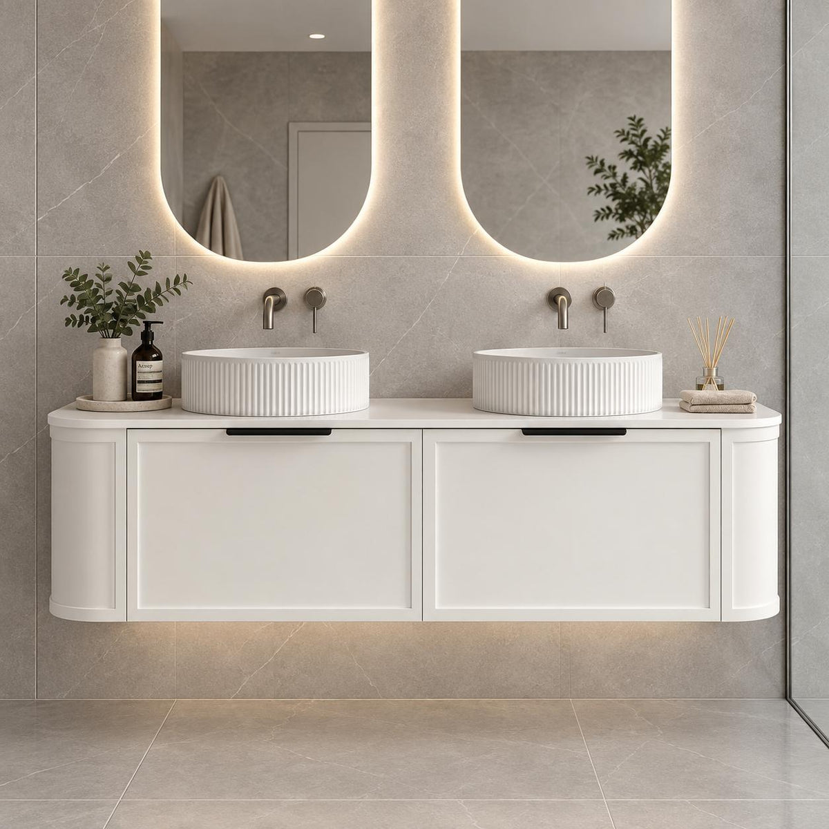 Whitney 1500mm Curved Shaker Door Vanity Wall Hung Matte White Double Bowl - 1500x460x420mm