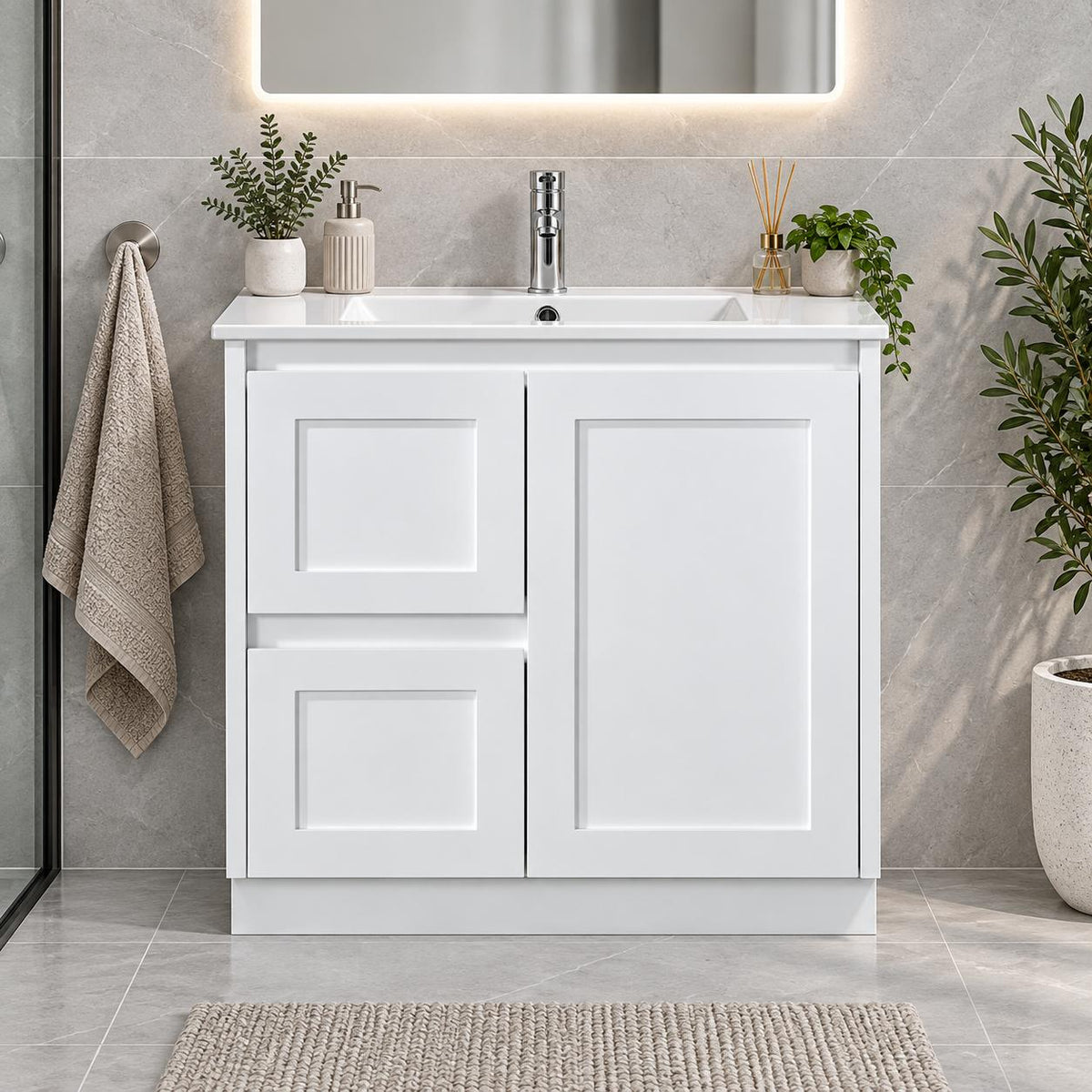 Shayla 750mm Shaker Door Vanity on Kickboard Left Hand Drawers- 750x460x880mm