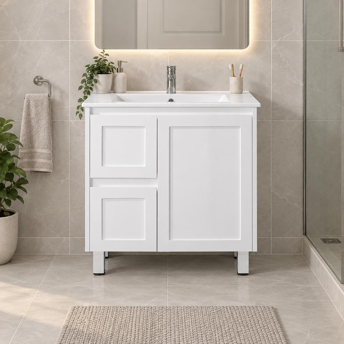 Shayla 750mm Shaker Door Vanity on Legs Left Hand Drawers- 750x460x875mm