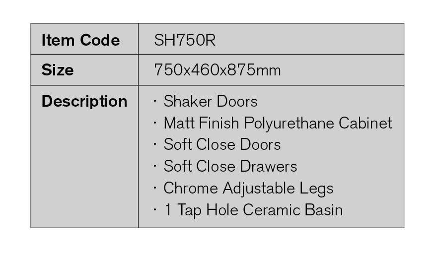SH750R - 750x460x875mm Matte Finish Polyurethane Cabinet with Shaker Doors – detail view