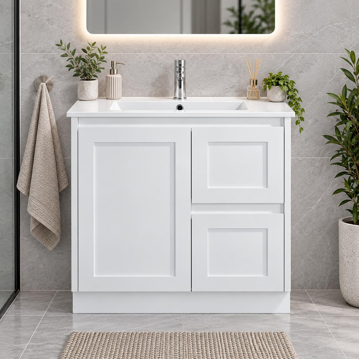 Shayla 750mm Shaker Door Vanity on Kickboard Right Hand Drawers- 750x460x880mm