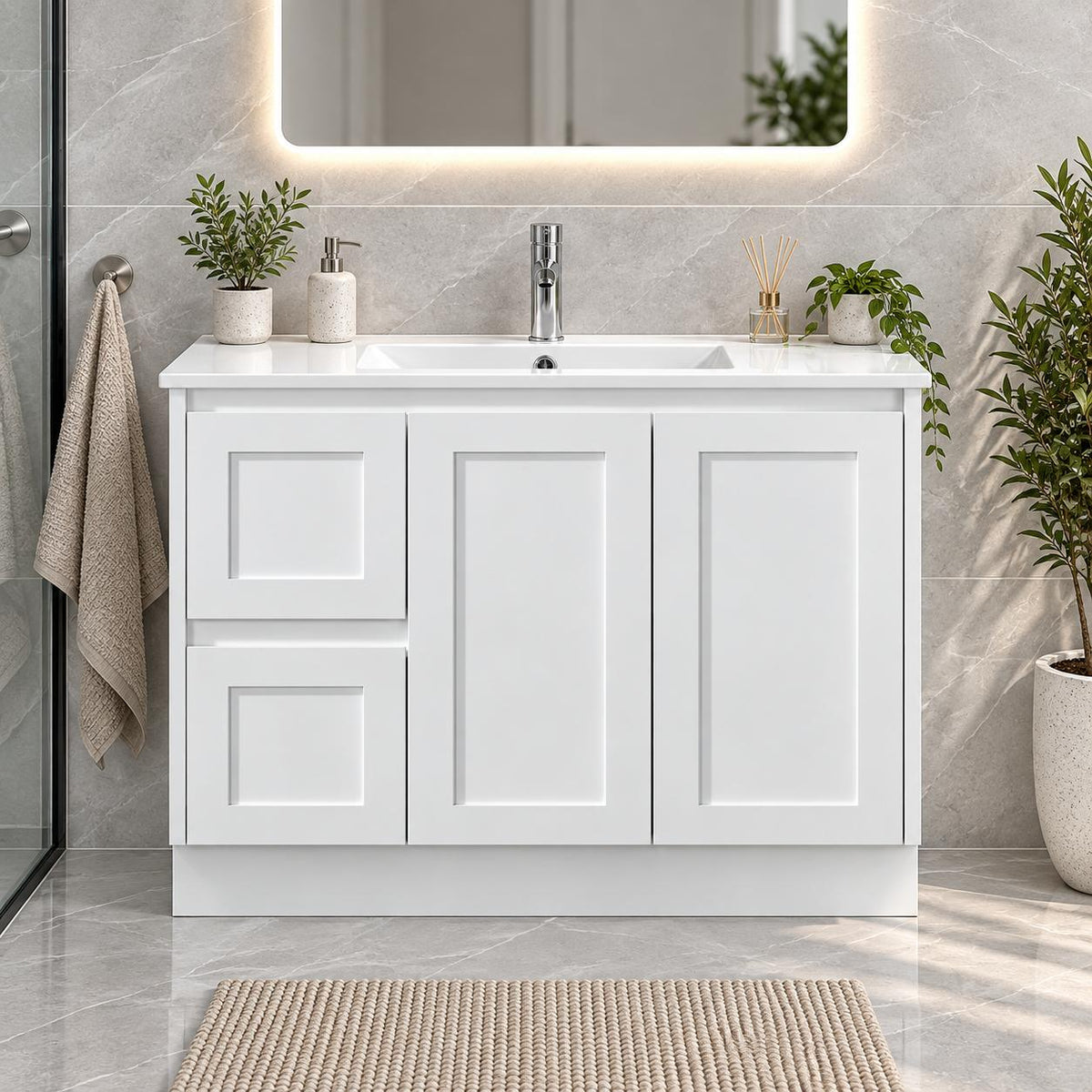 Shayla 900mm Shaker Door Vanity on Kickboard Left Hand Drawers- 900x460x880mm