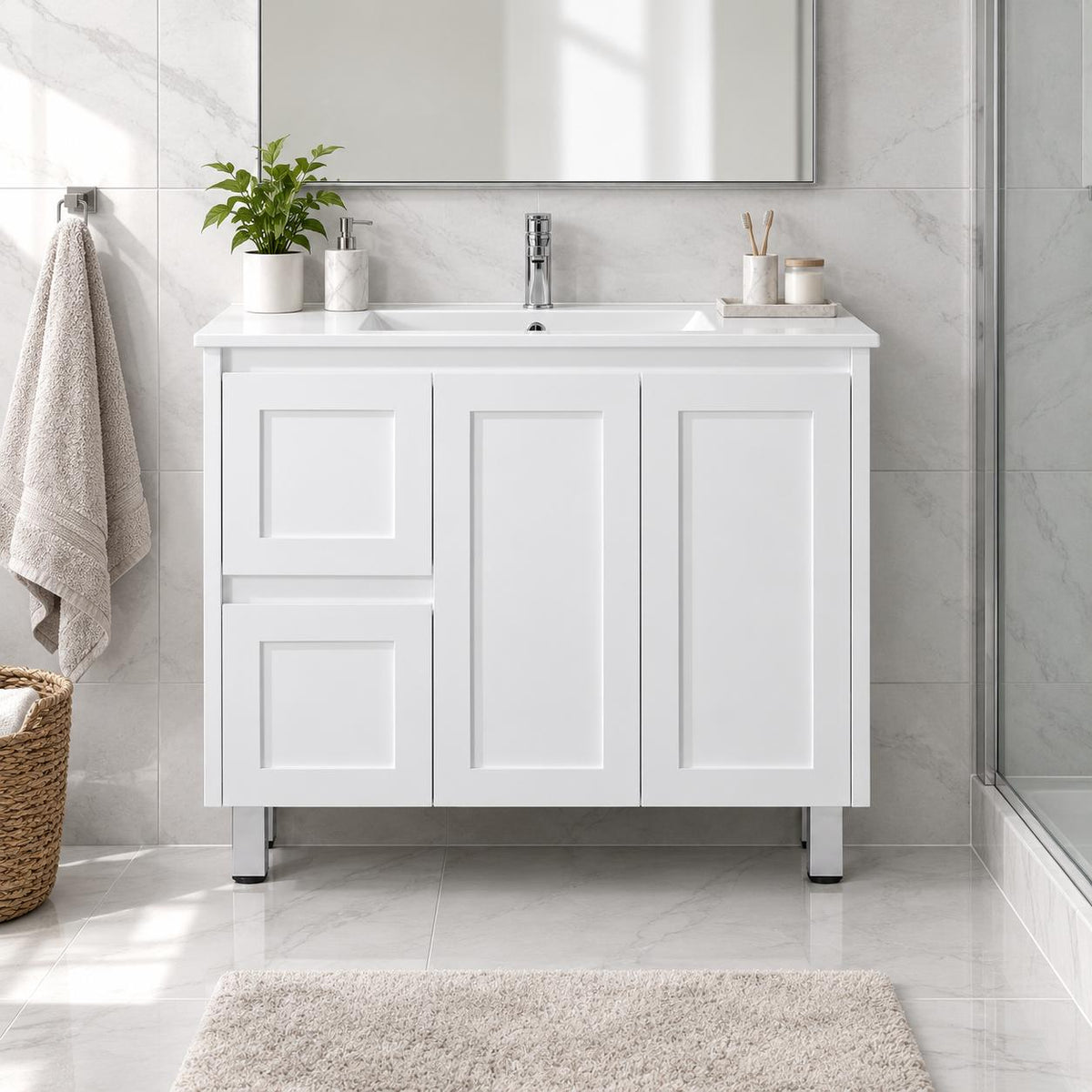 Shayla 900mm Shaker Door Vanity on Legs Left Hand Drawers- 900x460x875mm
