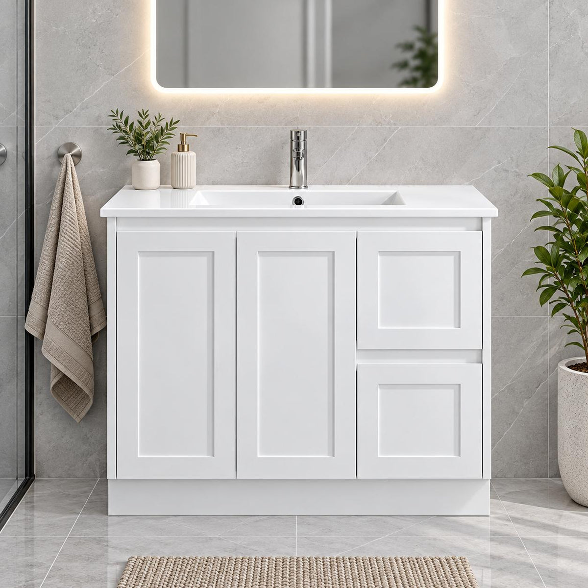 Shayla 900mm Shaker Door Vanity on Kickboard Right Hand Drawers- 900x460x880mm