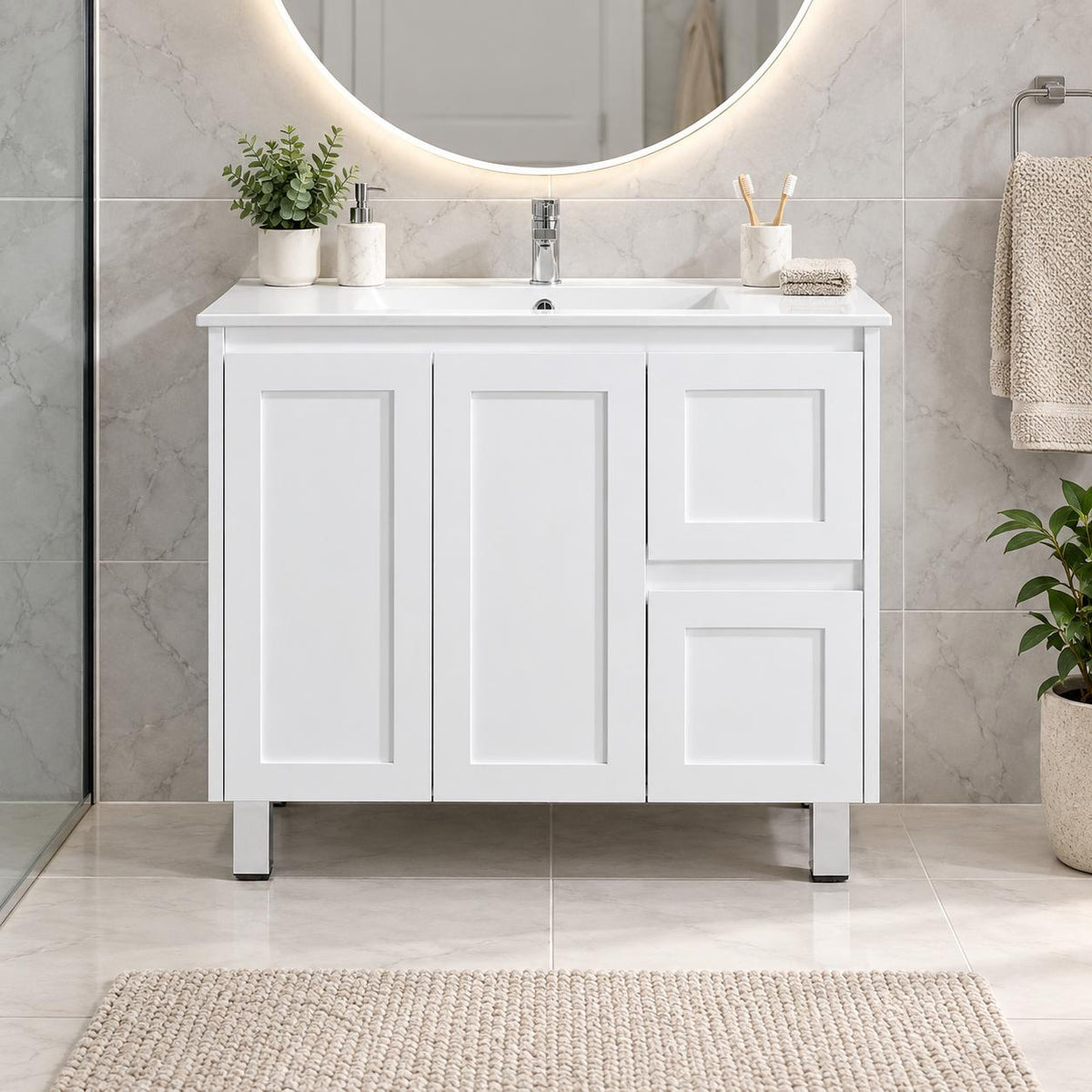 Shayla 900mm Shaker Door Vanity on Legs Left Hand Drawers- 900x460x875mm
