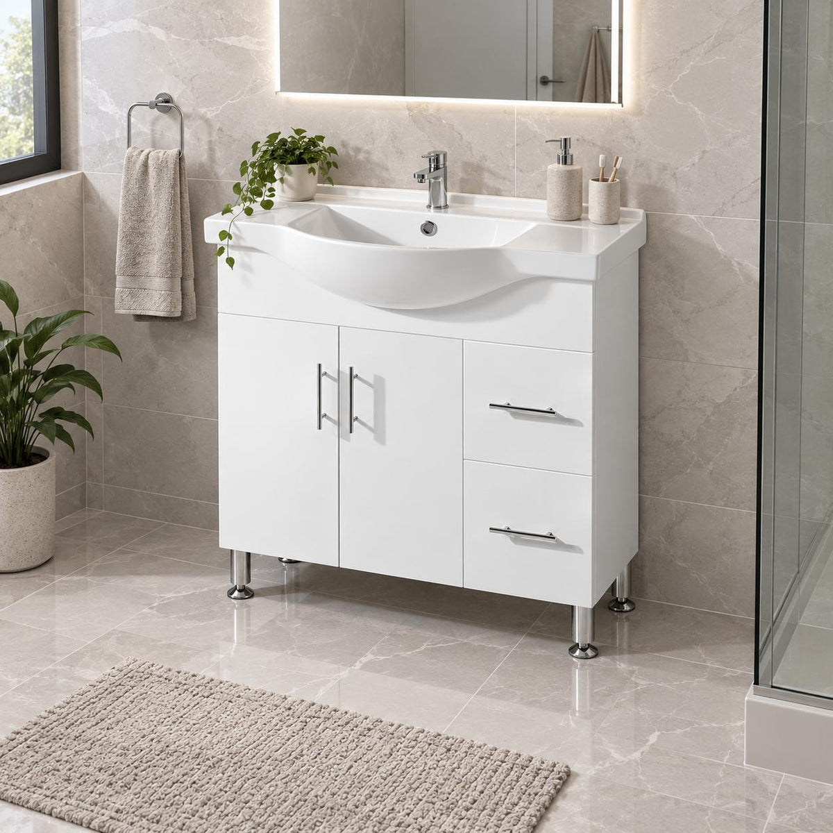 Brody 900mm Semi Recessed Vanity on Legs Right Hand Draws 1th - 900x480x890mm