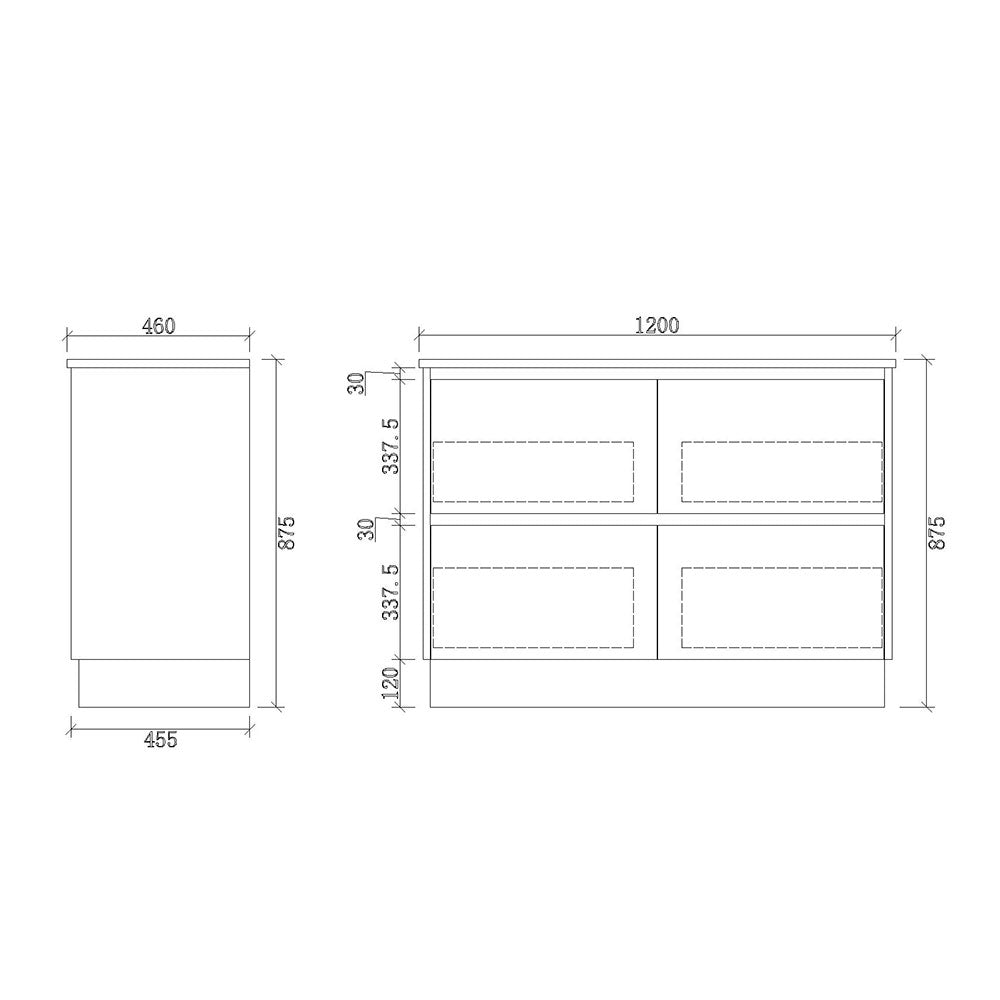 TD1200-KB - 1200x460x880mm Four Drawer Kickboard PVC Vanity with Ceramic Basin – alternate view