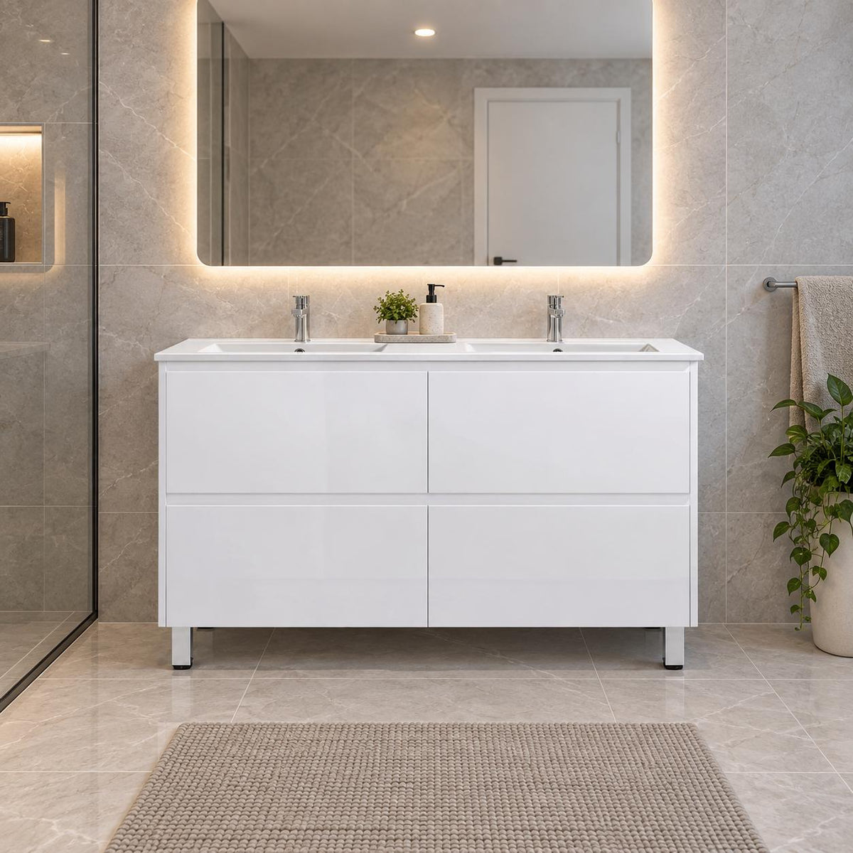 Teddy Four Draw PVC Vanity 1200mm on Legs Double Bowl- 1200x460x875mm