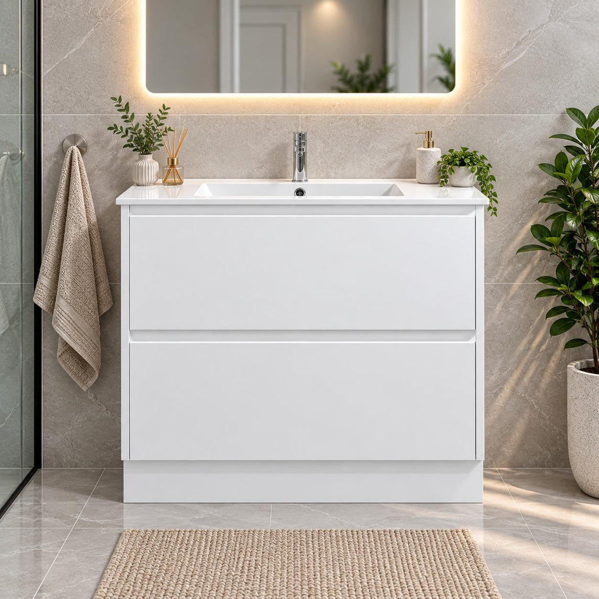 Teddy Two Draw PVC Vanity 900mm on Kickboard - 900x460x880mm