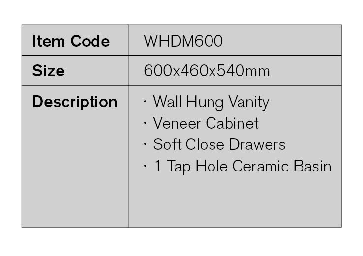 WHDM600 - 600x460x540mm Wall Hung Vanity with Veneer Cabinet – detail view