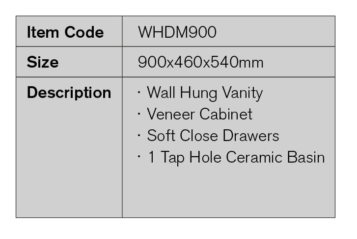 WHDM900 - 900x460x540mm Wall Hung Vanity with Veneer Cabine – detail view