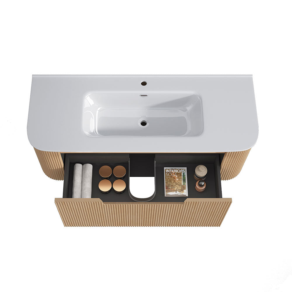 Fluted Natural Oak Wall-Hung Vanity Units - 1200x460x420mm – detail view