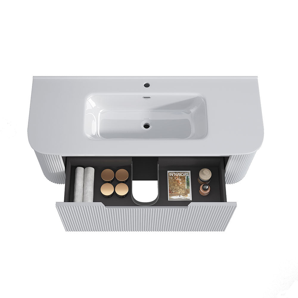 Fluted Matte White Wall-Hung Vanity Units - 1200x460x420mm – detail view