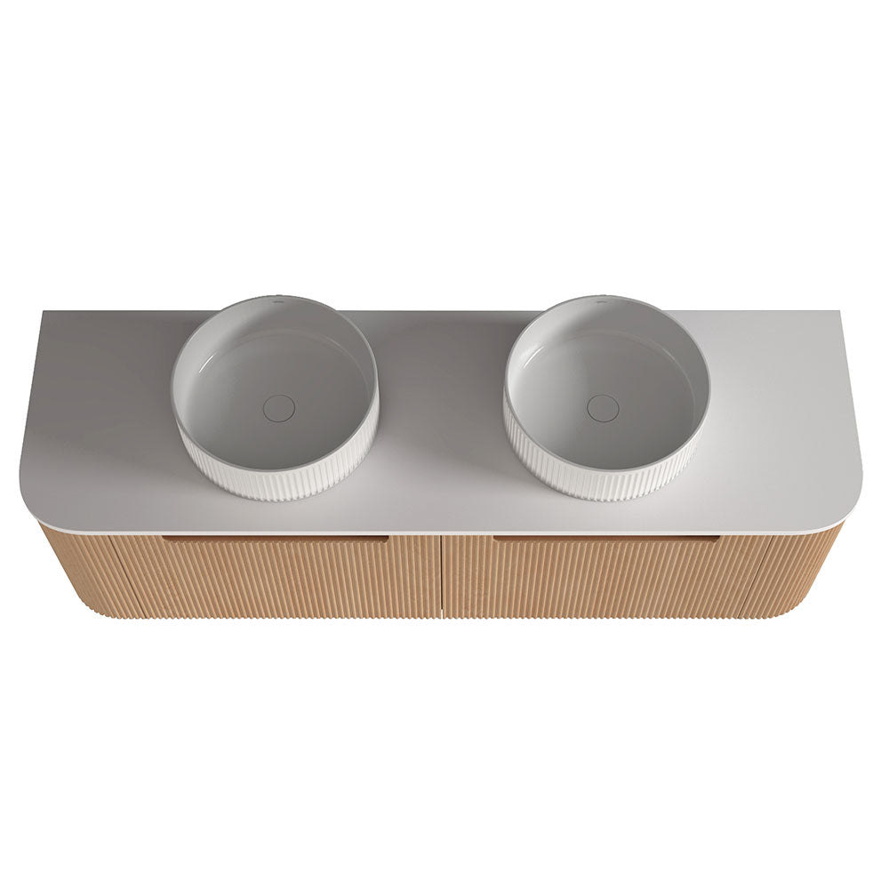 Fluted Natural Oak Wall-Hung Vanity Units - Double Bowl - 1500x460x420mm – alternate view