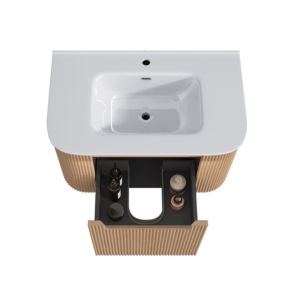 Fluted Natural Oak Wall-Hung Vanity Units - 750x460x420mm – detail view