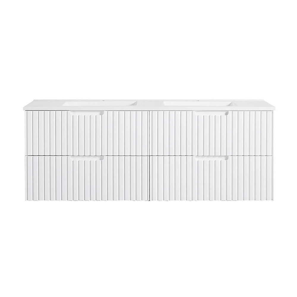 WHGR1500D - 1500x460x540mm - Wall Hung Vanity Four Drawer Matte White V Groove - Double Bowl