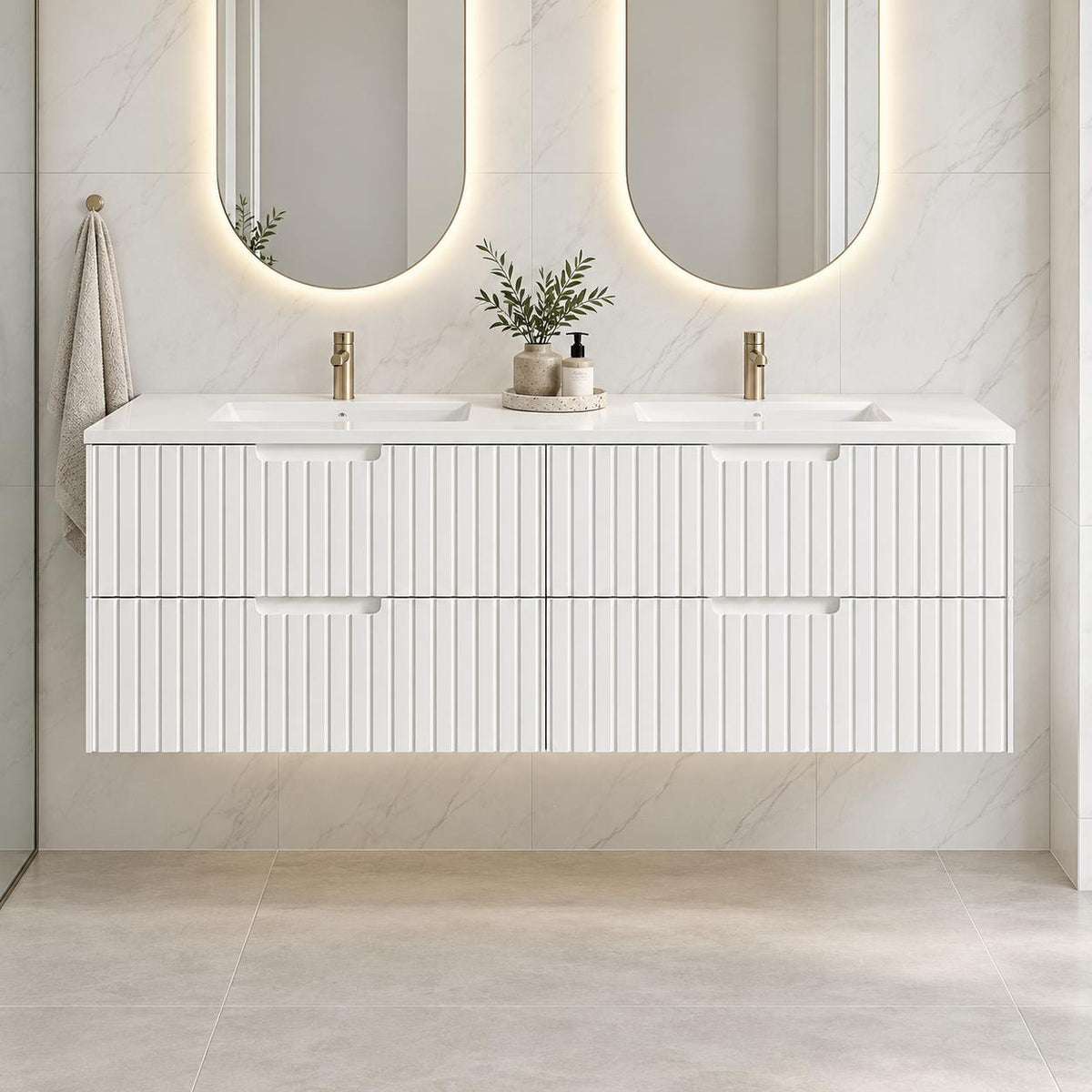 Grayson 1500mm Wall Hung V Groove Vanity Matte White Double Bowl- 1500x450x540mm