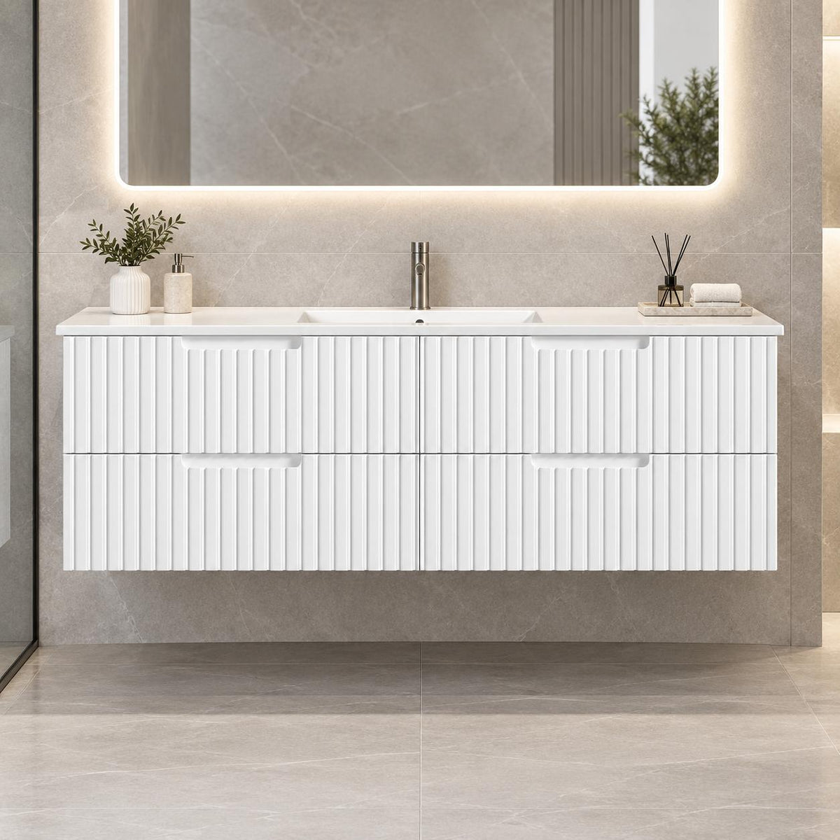 Grayson 1500mm Wall Hung V Groove Vanity Matte White - 1500x450x540mm