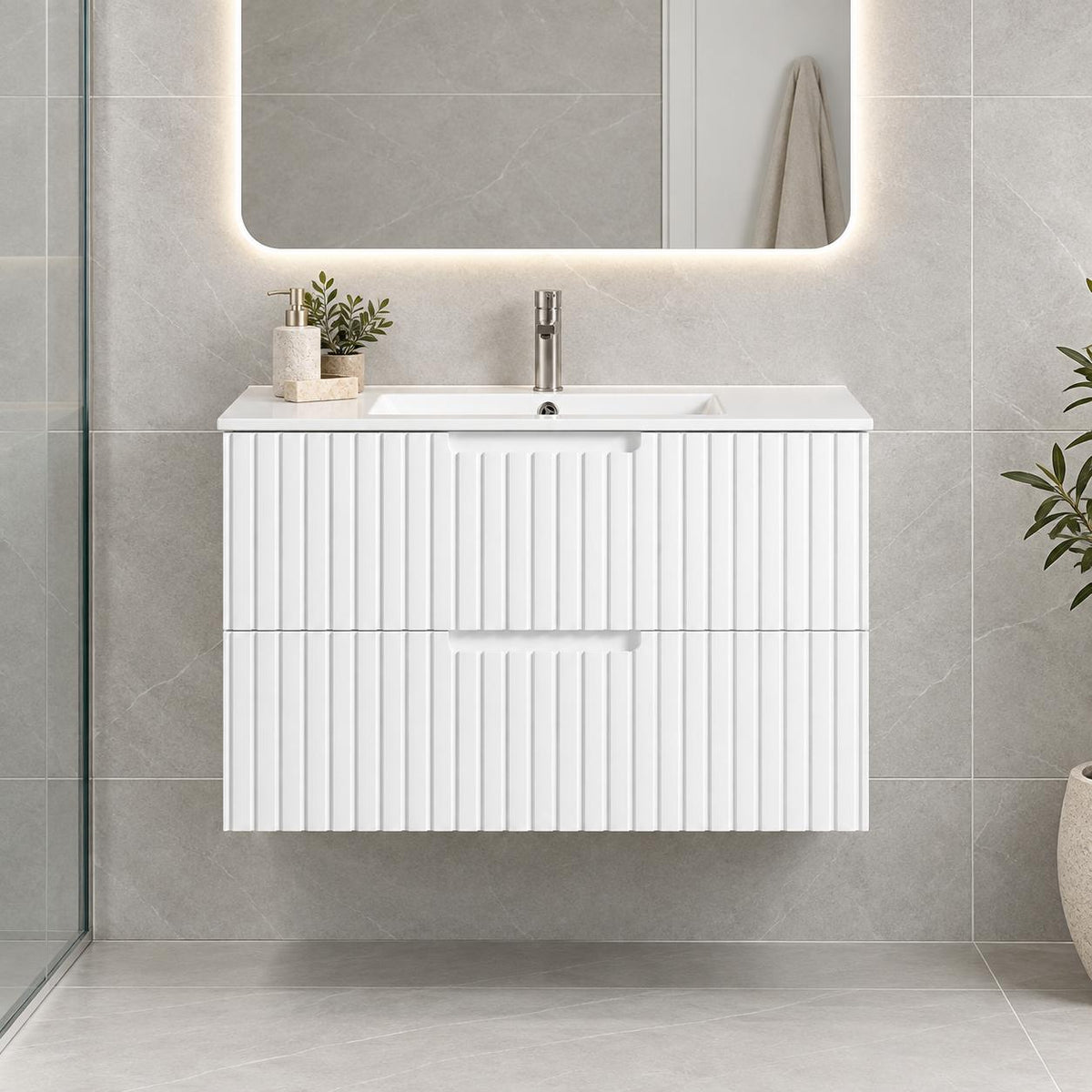 Grayson 900mm Wall Hung V Groove Vanity Matte White - 900x450x540mm