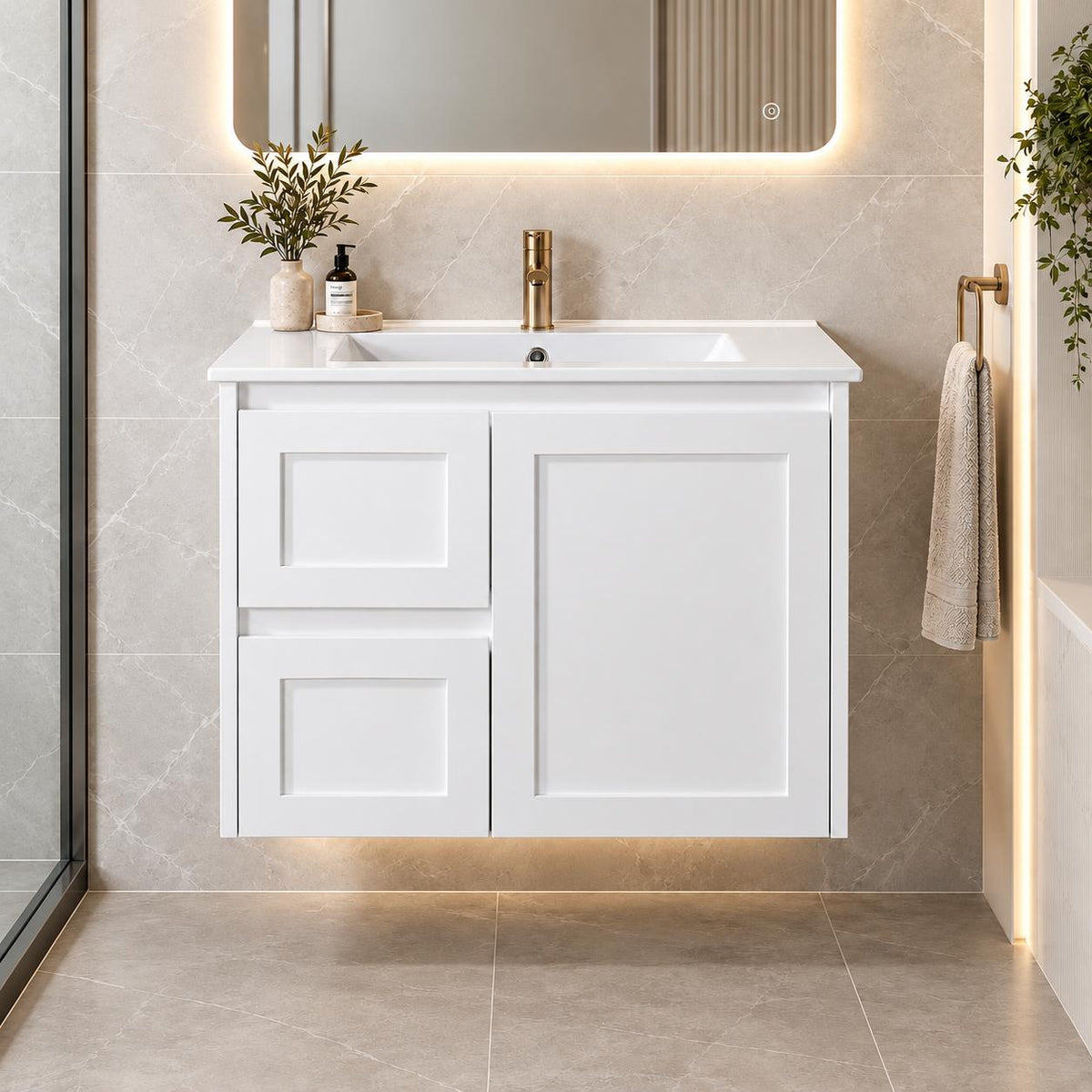 Shayla 750mm Shaker Door Vanity Wall Hung Left Hand Draws - 750x460x540mm