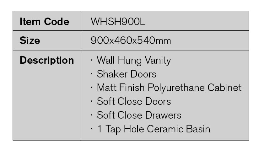 WHSH900L - 900x460x540mm Wall Hung Vanity with Shaker Doors – detail view
