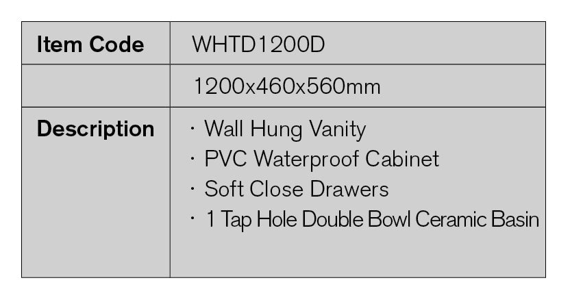 WHTD1200D - 1200x460x560mm Wall Hung PVC Vanity with Double Bowl Basin – detail view