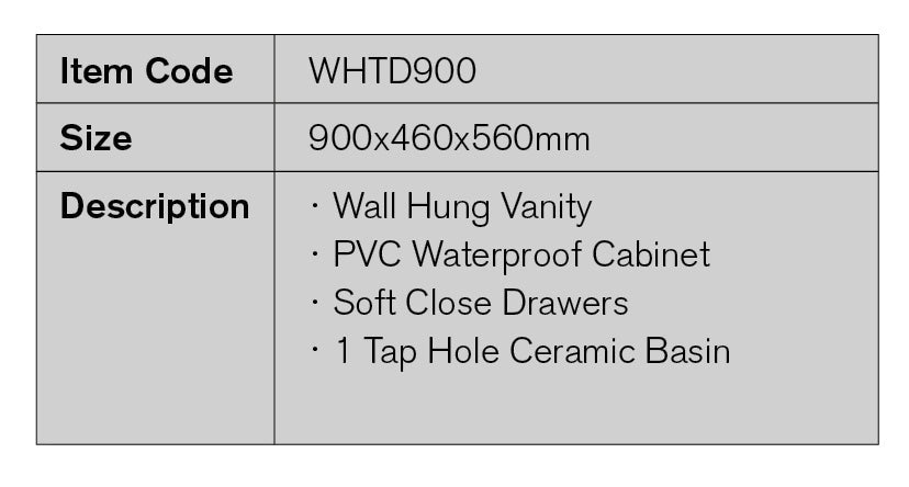WHTD900 - 900x460x560mm Wall Hung PVC Vanity – detail view