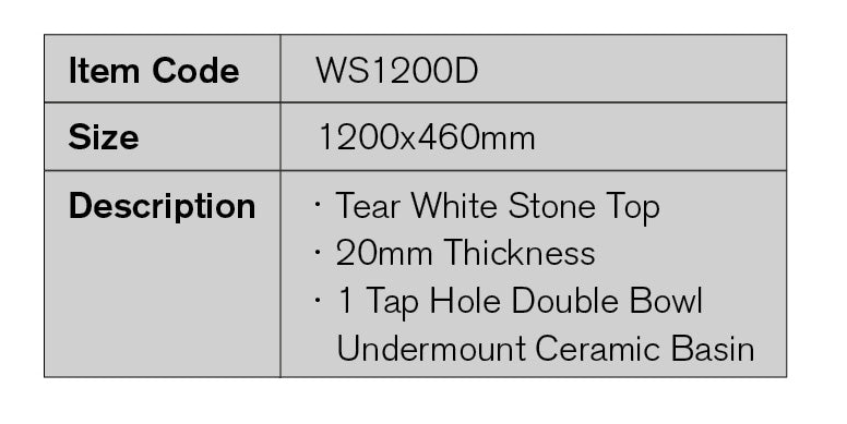 WS1200D - 1200x460mm Tear White Stone Top with Double Bowl Undermount Basin – detail view