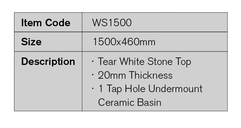 WS1500 - 1500x460mm Tear White Stone Top with Undermount Basin – detail view