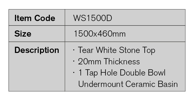WS1500D - 1500x460mm Tear White Stone Top with Double Bowl Undermount Basin – detail view