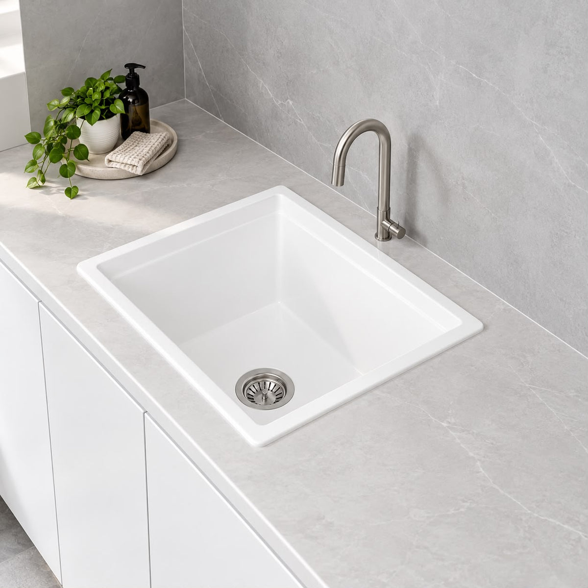 458mm Single Bowl White Granite Sink - 458 x 407 x 204mm