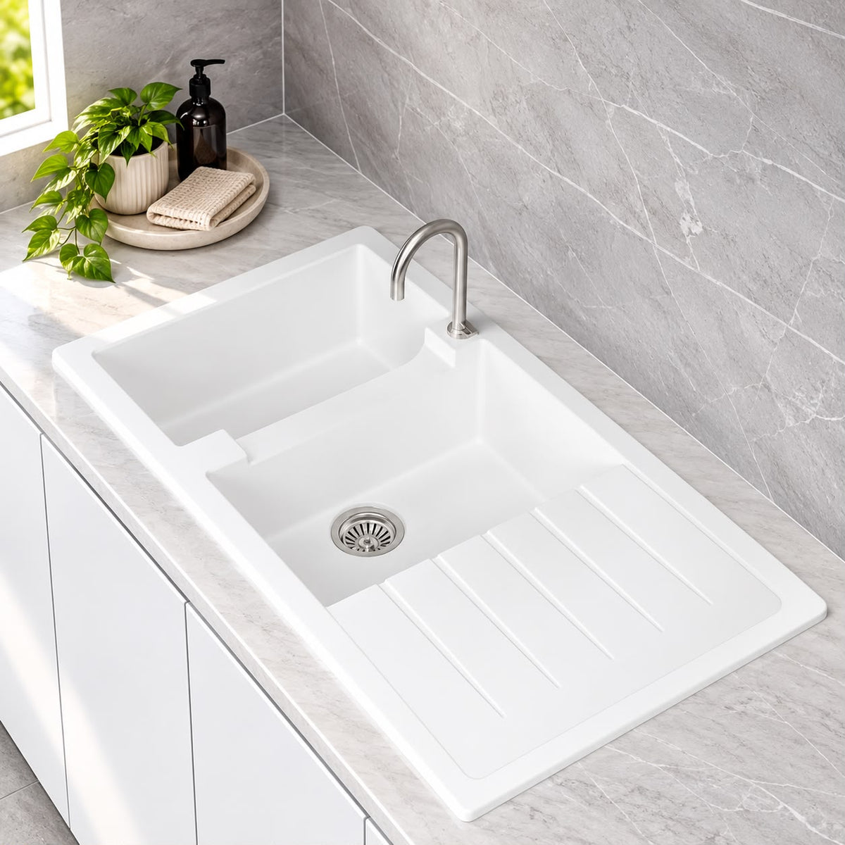 1160mm Single Bowl White Granite Sink - 1160 x 50 x 231mm