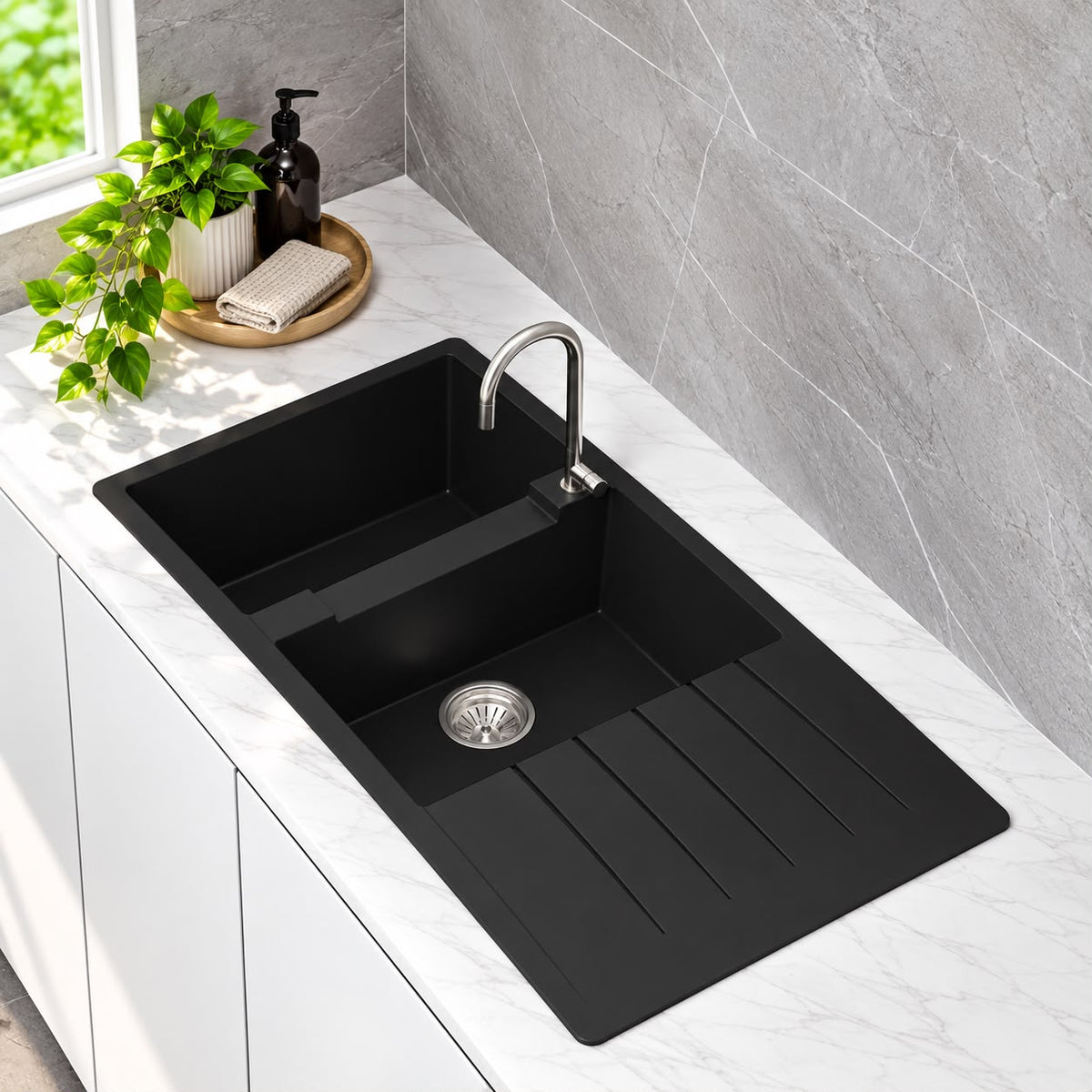 1160mm Single Bowl Black Granite Sink - 1160 x 50 x 231mm