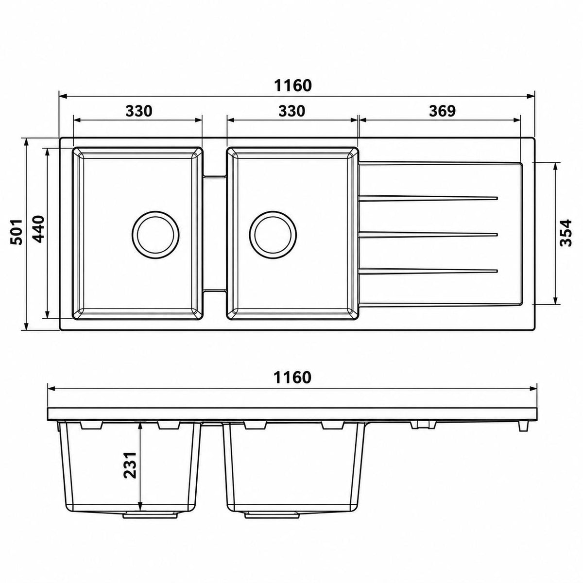 1160mm Single Bowl Black Granite Sink - 1160 x 50 x 231mm