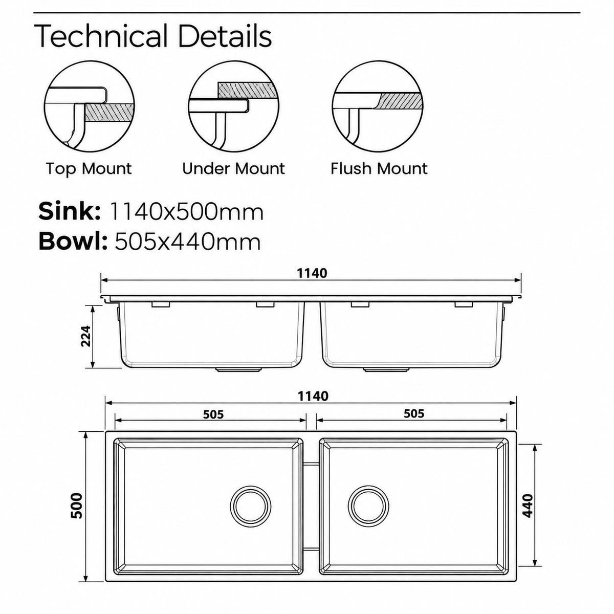 1140mm Single Bowl White Granite Sink - 1140 x 500 x 224mm