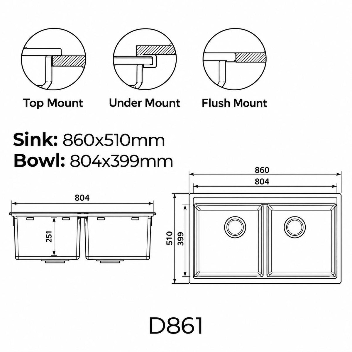 860mm Single Bowl White Granite Sink - 860 x 510 x 251mm