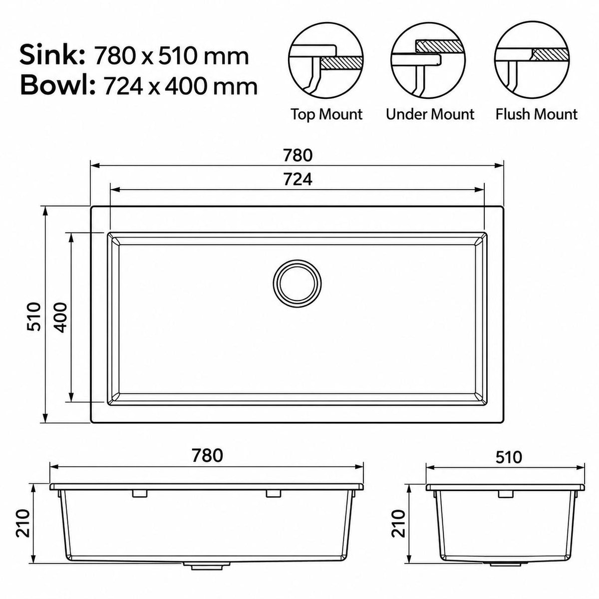 780mm Single Bowl Black Granite Sink - 780 x 510 x 210mm