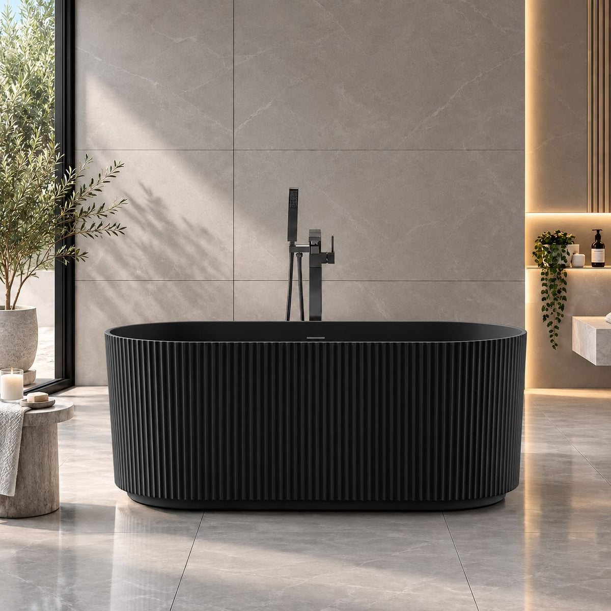 Avalon V-Groove Fluted Round Matte Black Freestanding Bath - 1500mm