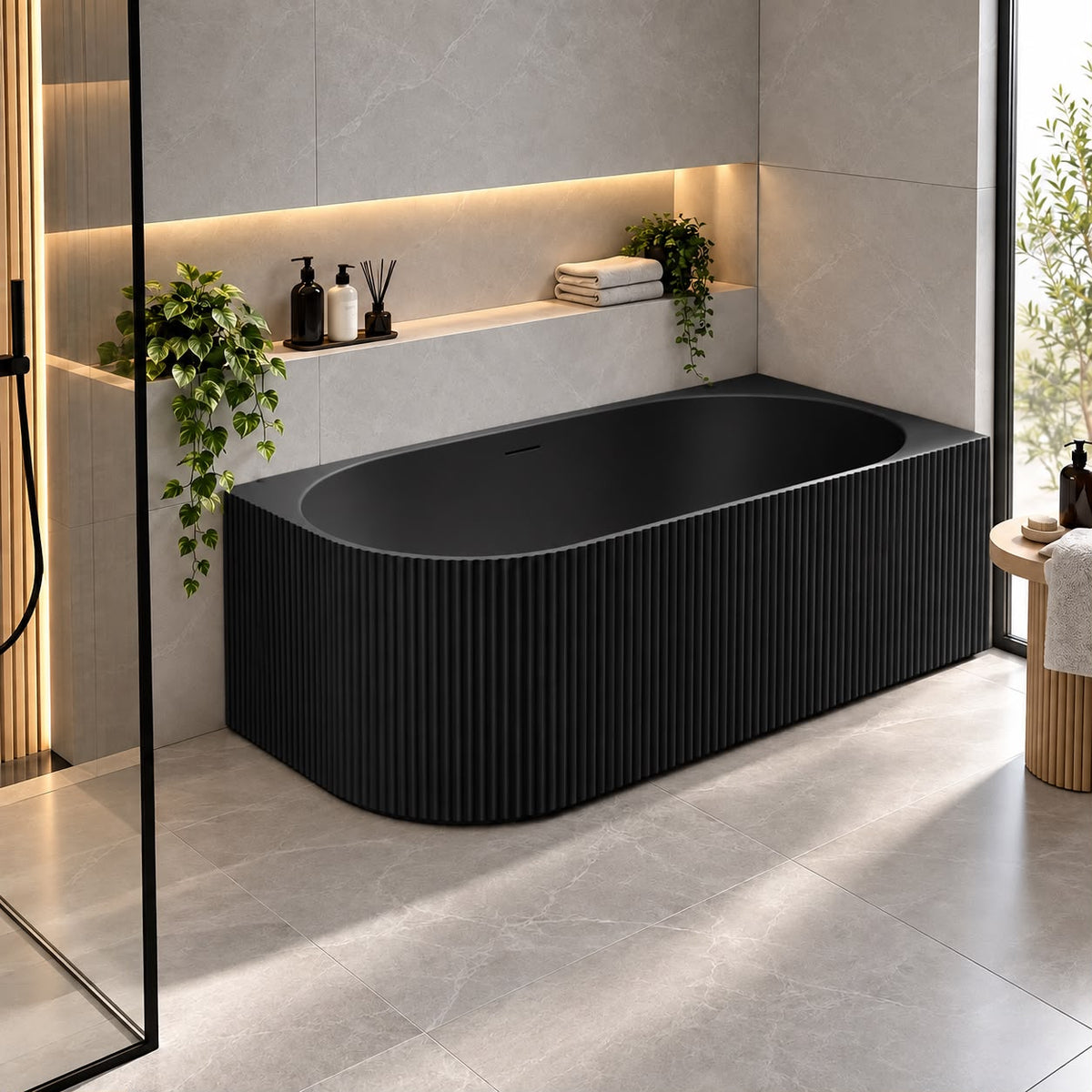 Avalon V-Groove Fluted Right-Hand Corner Matte Black Freestanding Bath - 1500mm