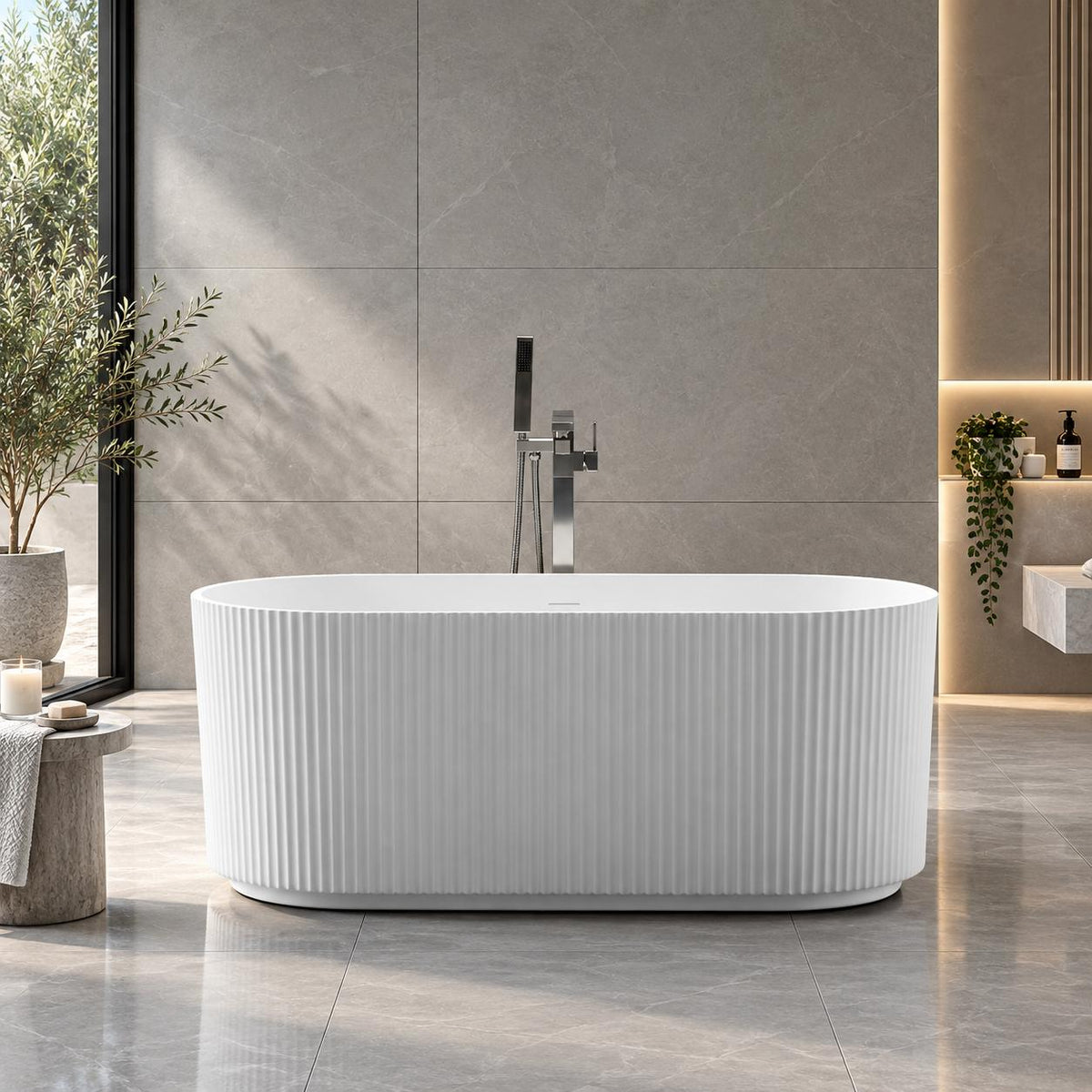 Avalon V-Groove Fluted Round Matte White Freestanding Bath - 1700mm