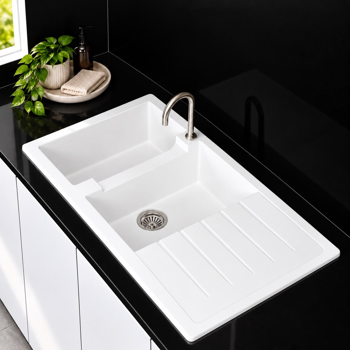 1160mm Single Bowl White Granite Sink - 1160 x 50 x 231mm