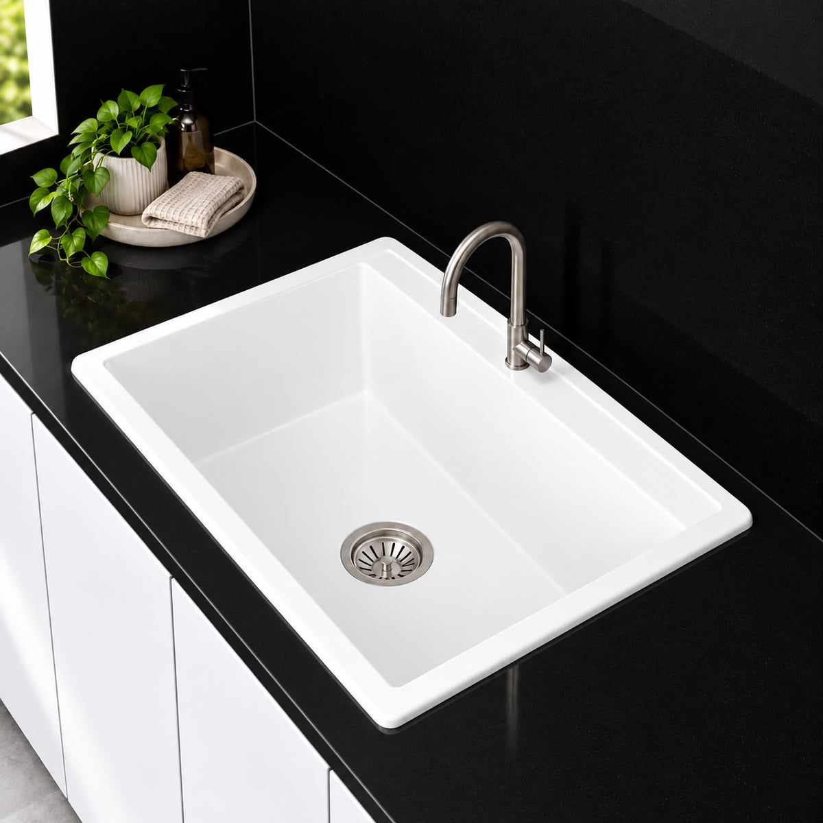 610mm Single Bowl White Granite Sink - 610 x 458 x 203mm